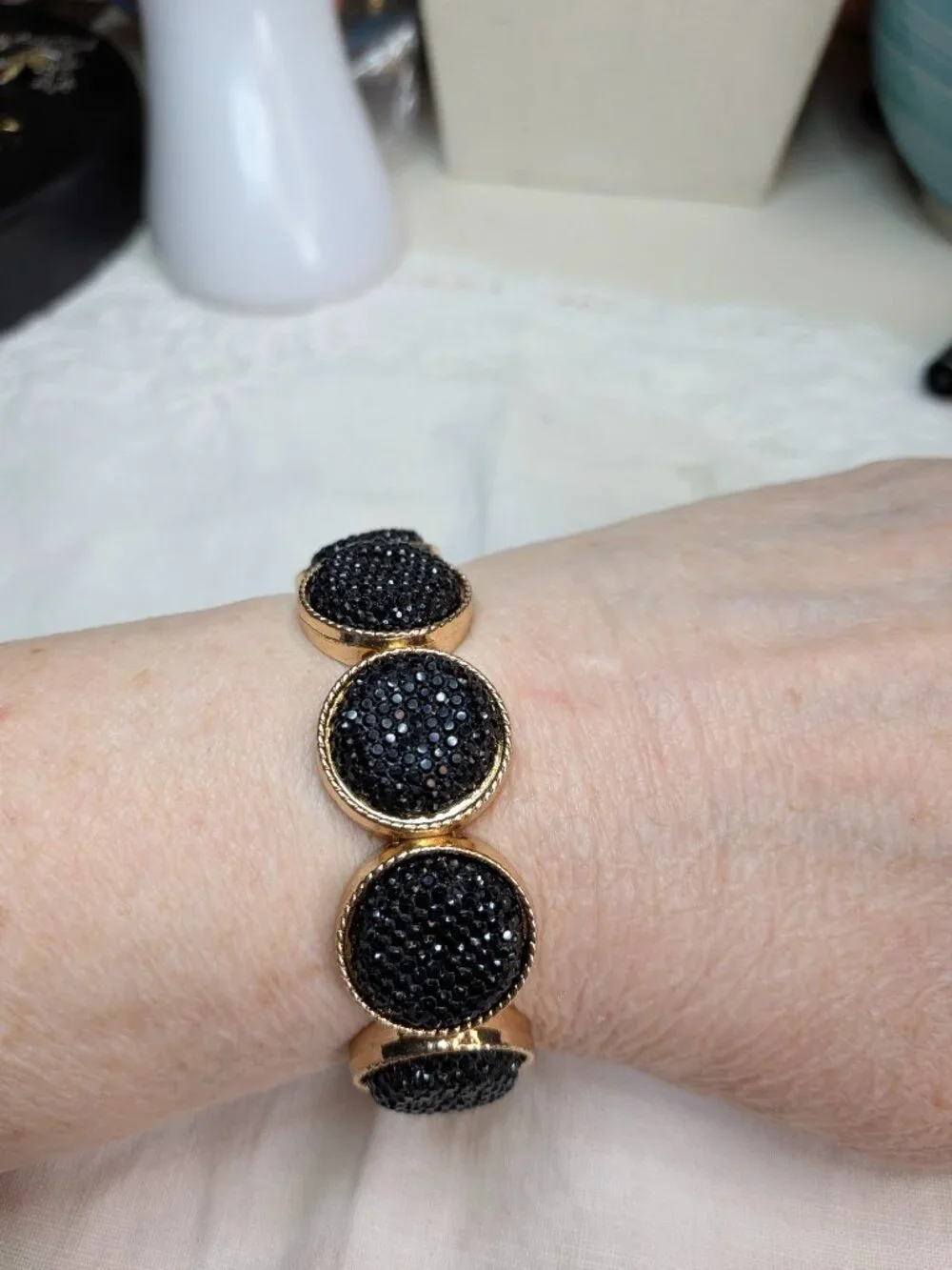 Gold Tone Stretch Bracelet with Black Faux Druzy Accents